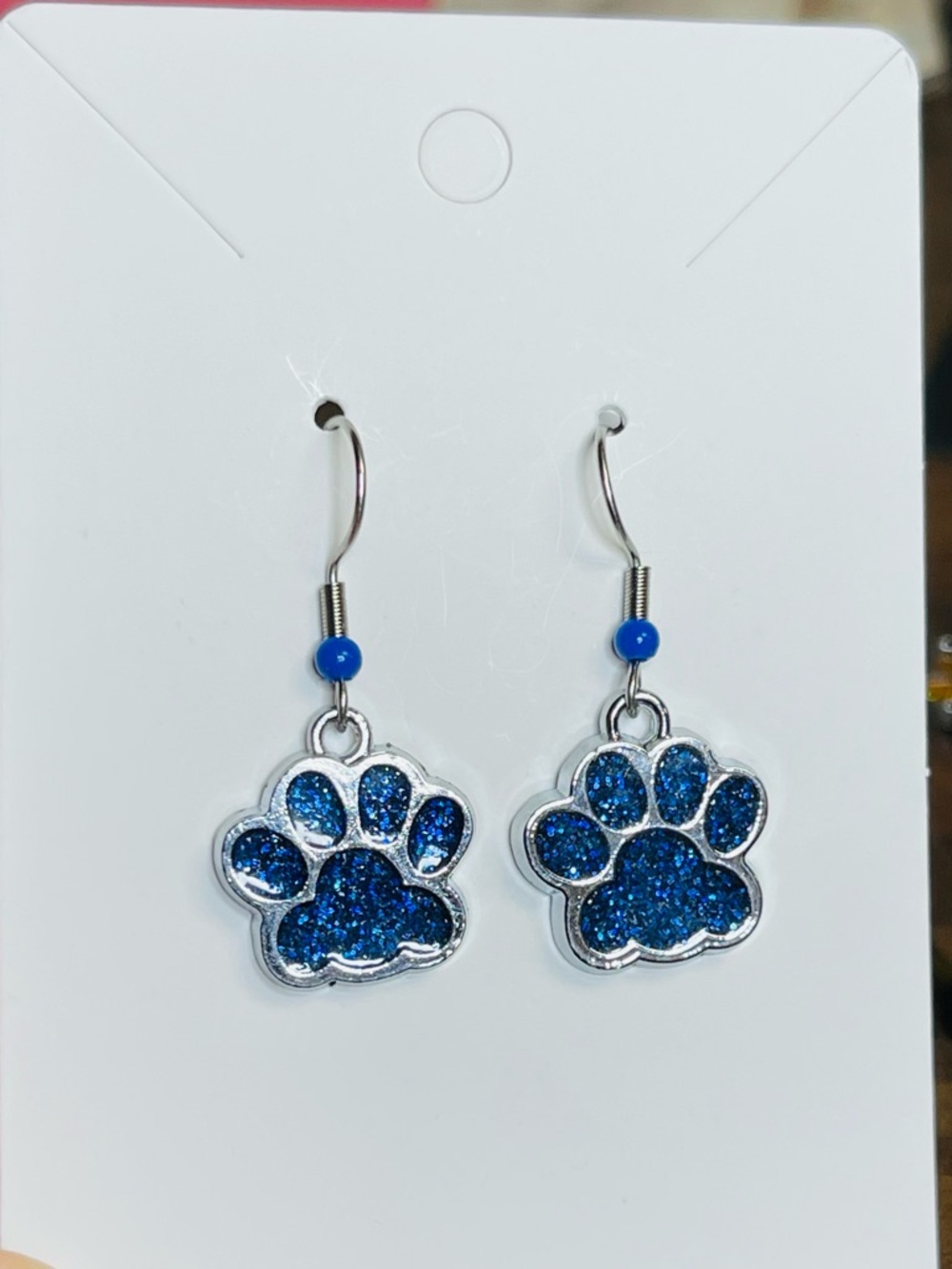 Blue Glitter Paw Print Dangle Earrings